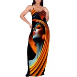 1 Piece Custom Casual Printed African Portrait Straps V Neck Maxi Dresses