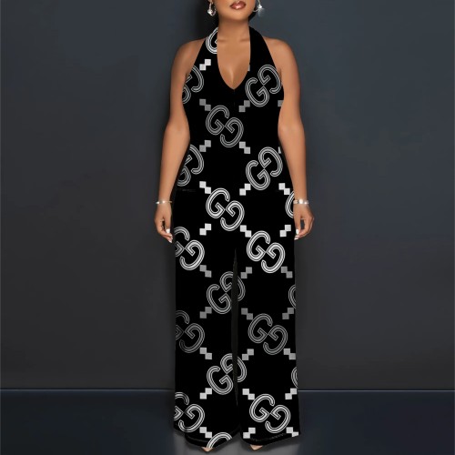 1 Piece Custom Casual Printed Halter Backless Jumpsuits