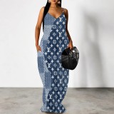 1 Piece Custom Casual Printed Straps V Neck Maxi Dresses