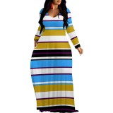 1 Piece Custom Casual Printed Striped V Neck Maxi Dresses