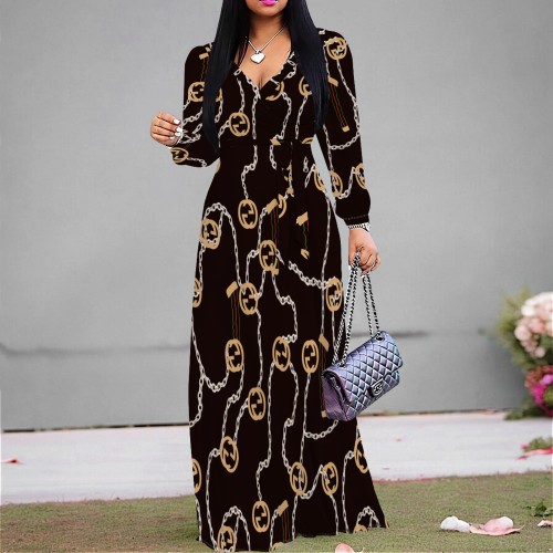 1 Piece Custom Casual Printed V Neck Maxi Dress