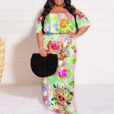 1 Piece Custom Printed Vintage Ruffle Plain Floral Printed Off Shoulder Maxi Dress