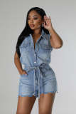 Casual High Elastic Washed Denim Short Jean Rompers with 4 Pockets