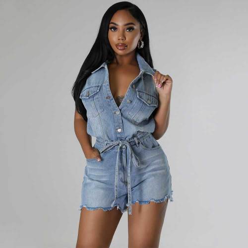 Casual High Elastic Washed Denim Short Jean Rompers with 4 Pockets