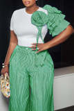 Solid Round Neck Contrast Color Floral Tee & Stripe Pants Set
