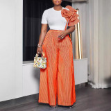 Solid Round Neck Contrast Color Floral Tee & Stripe Pants Set