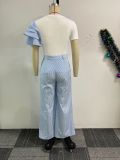 Solid Round Neck Contrast Color Floral Tee & Stripe Pants Set