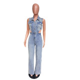 Casual High Elastic Washed Denim Sleeveless Hollow Jumpsuits