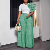Solid Round Neck Contrast Color Floral Tee & Stripe Pants Set