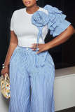 Solid Round Neck Contrast Color Floral Tee & Stripe Pants Set