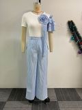 Solid Round Neck Contrast Color Floral Tee & Stripe Pants Set