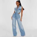 Casual High Elastic Washed Denim Sleeveless Hollow Jumpsuits