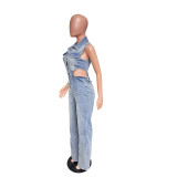 Casual High Elastic Washed Denim Sleeveless Hollow Jumpsuits