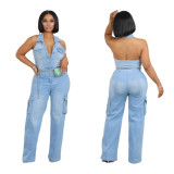 Stretch Washed Denim Halter Backless Straight Jumpsuit