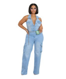 Stretch Washed Denim Halter Backless Straight Jumpsuit