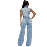 Casual High Elastic Washed Denim Sleeveless Hollow Jumpsuits