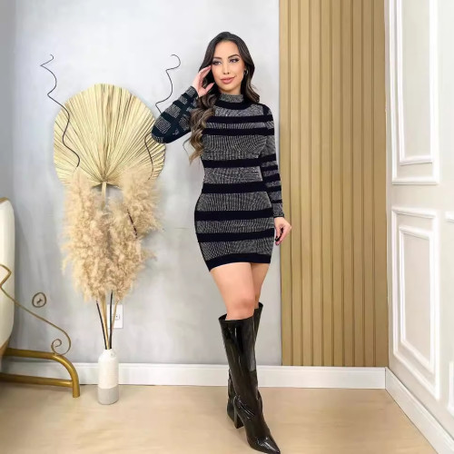 Casual Elastic Hot Drilling Long Sleeve Bodycon Dress