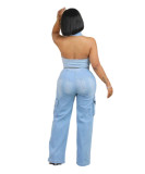 Stretch Washed Denim Halter Backless Straight Jumpsuit