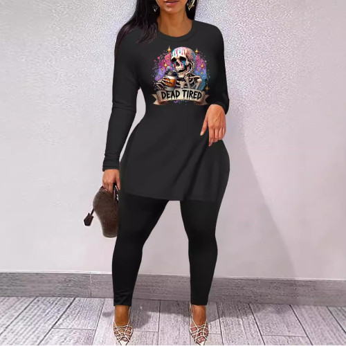 Casual Offset Printing Costume Halloween Hem Slit Pant Set
