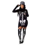 Skeleton Bone Costume Halloween Print Bodycon Dress with Stockings