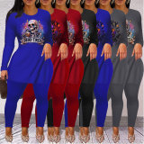 Casual Offset Printing Costume Halloween Hem Slit Pant Set