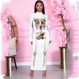 Skeleton Bone Costume Halloween Print Long Dress