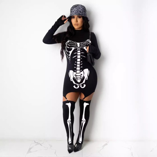 Skeleton Bone Costume Halloween Print Bodycon Dress with Stockings