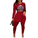Casual Offset Printing Costume Halloween Hem Slit Pant Set