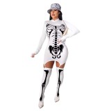 Skeleton Bone Costume Halloween Print Bodycon Dress with Stockings