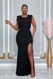 Solid Round Neck Open Back Rhinestone Slit Long Dress