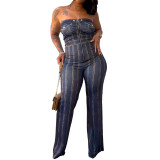 Faux Denim Printed Strapless Bandeau Stretch Wide-leg Jumpsuit