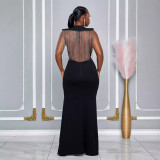 Solid Round Neck Open Back Rhinestone Slit Long Dress