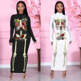 Skeleton Bone Costume Halloween Print Long Dress