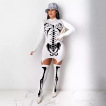 Skeleton Bone Costume Halloween Print Bodycon Dress with Stockings