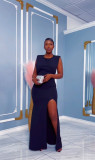 Solid Round Neck Open Back Rhinestone Slit Long Dress