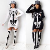 Skeleton Bone Costume Halloween Print Bodycon Dress with Stockings