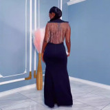 Solid Round Neck Open Back Rhinestone Slit Long Dress