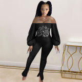 Casual Offset Printing Off Shoulder Lantern Sleeve Bodycon Jumpsuit