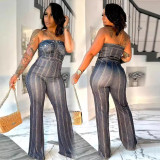 Faux Denim Printed Strapless Bandeau Stretch Wide-leg Jumpsuit