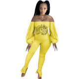 Casual Offset Printing Off Shoulder Lantern Sleeve Bodycon Jumpsuit