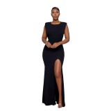 Solid Round Neck Open Back Rhinestone Slit Long Dress