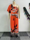 Casual Printed Slanted Shoulder Irregular Slit Wide-leg Jumpsuit