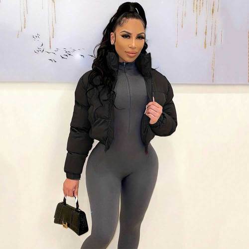 Puffer Jacket Cropped Zip Up Warm Quilted Winter Cotton-padded Coats