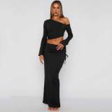 Drawstring Ruched Inclined Shoulder Skirt Sets