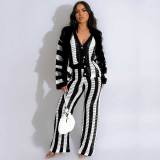Women's Striped Knit Two Piece Sets Sweater Cardigan And Lounge Trousers