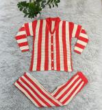 Women's Striped Knit Two Piece Sets Sweater Cardigan And Lounge Trousers