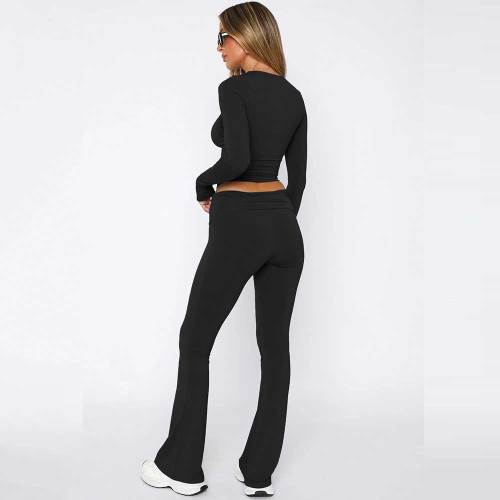 Women's 2 Piece Lounge Sets Cropped Top and Fold Over Flare Pants