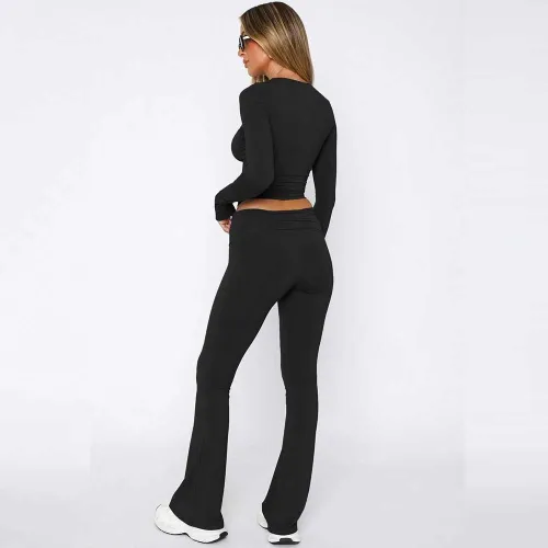 Women's 2 Piece Lounge Sets Cropped Top and Fold Over Flare Pants