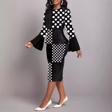 Women's Elegant Pencil Dress with Classic Crew Neck Long Bell Sleeve