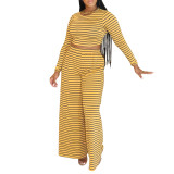 Casual Striped Printed Top & Wide-Leg Pants Set